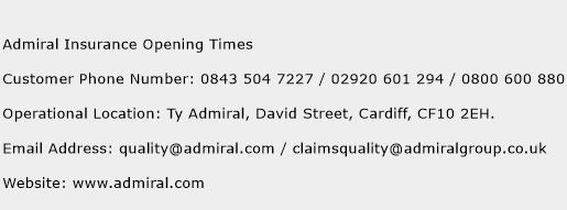 Admiral Insurance Opening Times Phone Number Customer Service