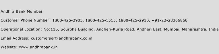 Andhra Bank Mumbai Phone Number Customer Service