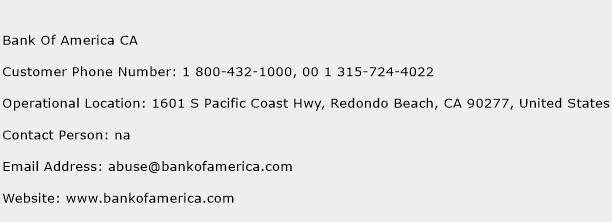 Bank Of America CA Phone Number Customer Service