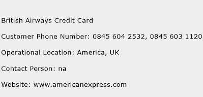 British Airways Credit Card Phone Number Customer Service