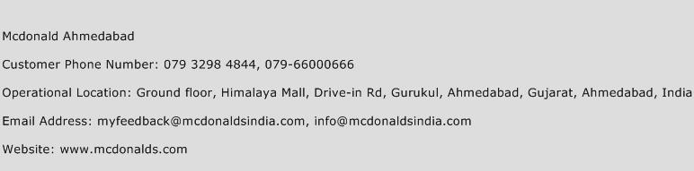 Mcdonald Ahmedabad Phone Number Customer Service