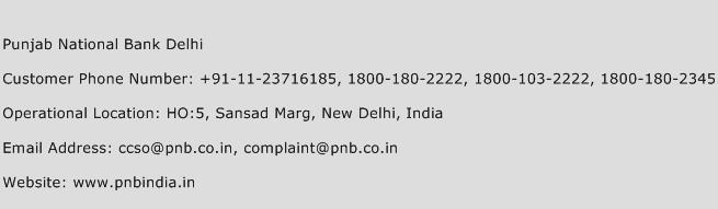 Punjab National Bank Delhi Phone Number Customer Service