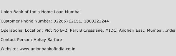 Union Bank of India Home Loan Mumbai Phone Number Customer Service